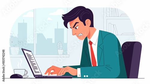 Frustrated Businessman Typing On Laptop In Office With Angry Expression