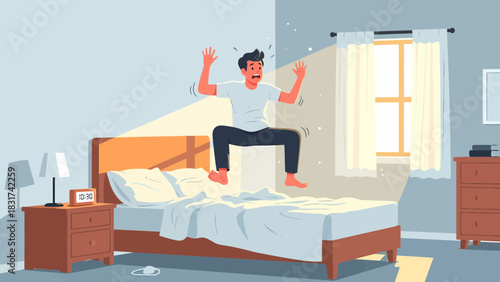 Frantic Morning Awakening Personified With Jump From Bed