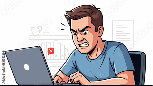 Frustrated Man Dealing With Computer Error Message At Desk