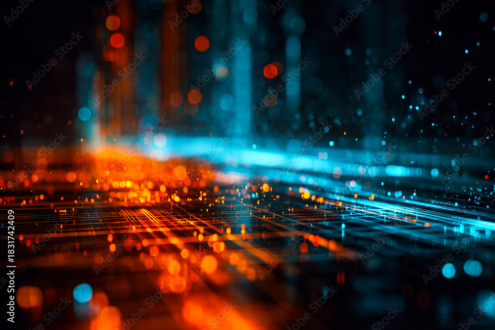 Fototapeta premium Vibrant digital data stream with glowing blue and orange light streaks