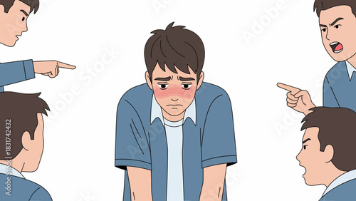 Man Surrounded By Pointing And Shouting Figures Illustrating Bullying