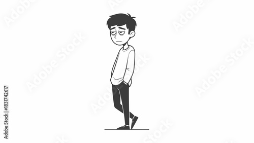 Tired Cartoon Character Standing Depressed In Monochrome Colors