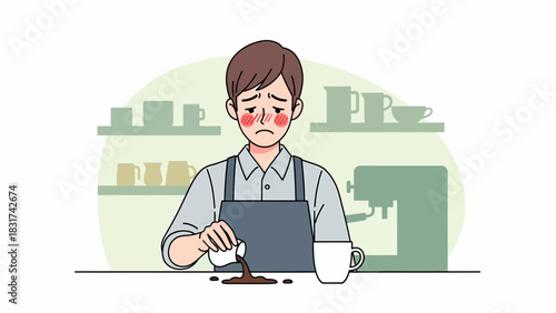 Upset Barista Spilling Coffee Messy Fail Situation At The Cafe