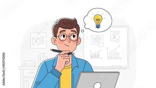Young Entrepreneur Thinks About Business Idea With Light Bulb Symbol