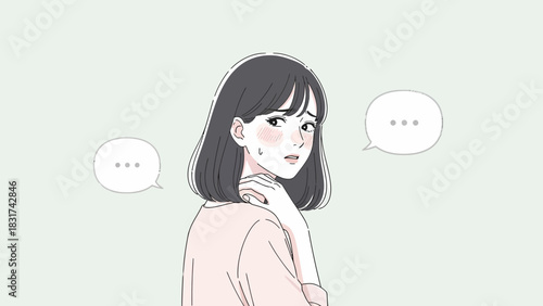 Young Woman With Troubled Expression And Speech Bubbles Around Her