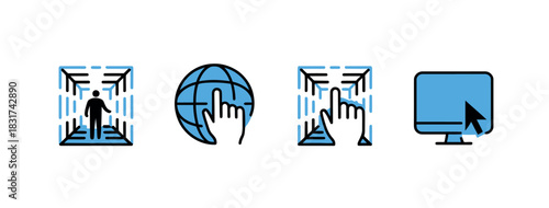 Icons represent concepts of virtual reality, digital interaction, and computer technology, symbolizing innovation.