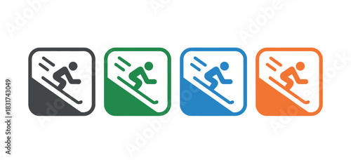 Four colorful icons depict a skier descending a slope, representing different styles of skiing or winter sports.