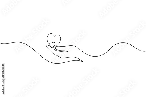 Continuous line drawing of hand holding hearts, symbolizing care