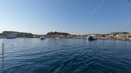 Corfu Town, Greece Ionian sea approach from ferry with historic port and fortress