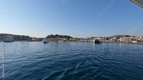 Corfu Town, Greece Ionian sea approach from ferry with historic port and fortress