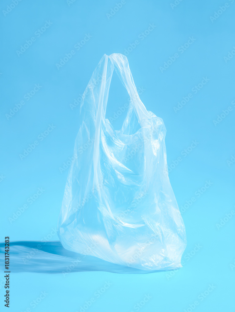 Fototapeta premium Transparent lightweight plastic shopping bag casting a soft shadow on a bright blue background with a minimalistic modern aesthetic and clean design