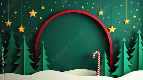 Paper Cut Style Christmas Banner With Pine Forest And Night Sky.