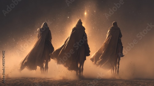 Three Magi journey through a desert at night following a bright star with flowing robes