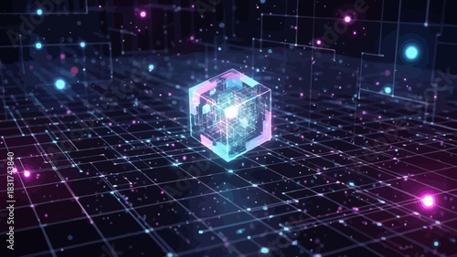 Abstract Digital Cube Network Grid on Dark Background Modern Technology Concept with Glowing Lines and Dots Futuristic Data Flow Visualization