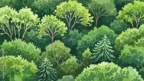 Lush Green Forest Landscape Top View Illustration Abundant Trees Various Foliage Types Natural Habitat Wilderness