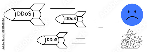 Missiles labeled DDoS head toward targets, including a sad face and flowers, symbolizing technological harm, disruption, and vulnerability. Ideal for cybersecurity, threat awareness, IT security