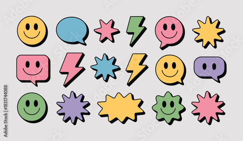 Collection of retro smiley faces, speech bubbles, stars, and lightning bolts vector illustration