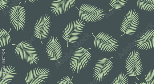 Elegant seamless tropical pattern with light green palm tree leaves scattered across a sophisticated dark grey background design.