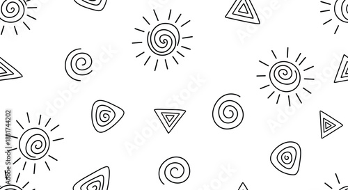 Simple black and white seamless pattern with hand-drawn doodle elements including spirals suns and triangles on a white background.