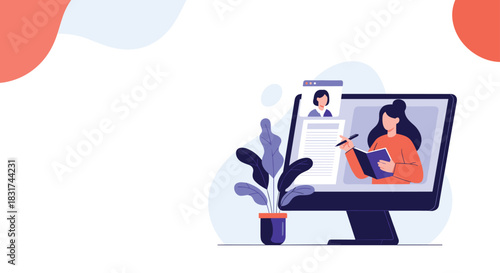 A person at a desk participating in an online class or business meeting with other people visible on the computer screen.