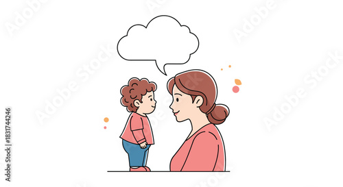 A loving mother smiling and talking with her young child who is standing and looking up at her with a blank speech bubble.