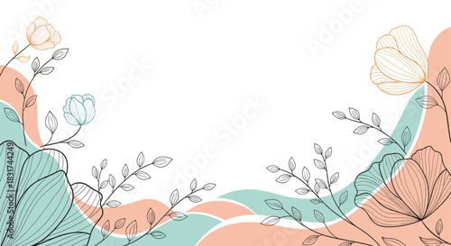 An elegant and modern background design with delicate floral line art and abstract pastel pink and blue shapes in the corners.