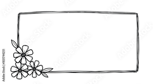 A simple hand-drawn rectangular frame with a sketchy border and a small cluster of three flowers in the bottom left corner.
