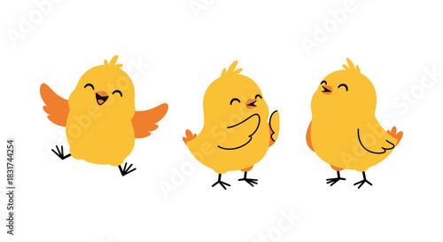 A set of three absolutely adorable and happy yellow cartoon chicks in different playful poses isolated on a white background.