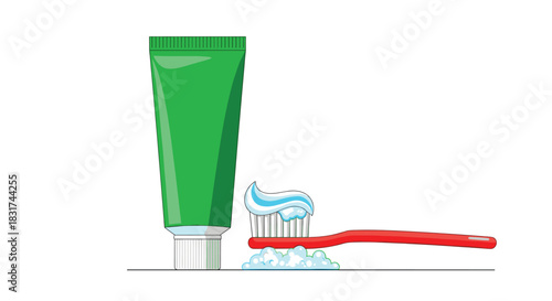 A simple illustration for dental hygiene showing a red toothbrush with blue and white toothpaste squeezed on it next to a tube.