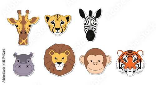 A collection of seven cute cartoon safari animal head stickers including a giraffe lion tiger zebra monkey hippo and cheetah.