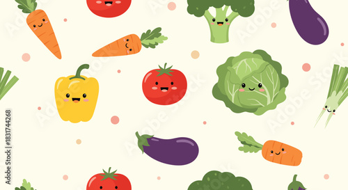 An adorable seamless pattern featuring cute cartoon vegetable characters with happy faces on a light yellow background.