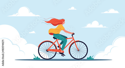 A happy young woman with long red hair flowing in the wind enjoying a relaxing bicycle ride on a sunny day with clouds.