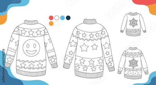 A fun coloring page for kids and adults featuring outlines of different ugly christmas sweaters with various festive patterns.