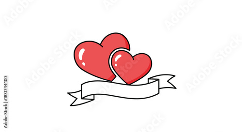 Simple hand-drawn illustration of two red hearts with a blank white ribbon banner for text on a plain background.