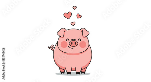 Cute and chubby pink pig cartoon character smiling with small pink hearts floating above its head on a white background.