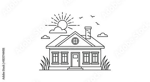Simple line art illustration of a cozy house with a chimney under a shining sun and clouds in a peaceful neighborhood.