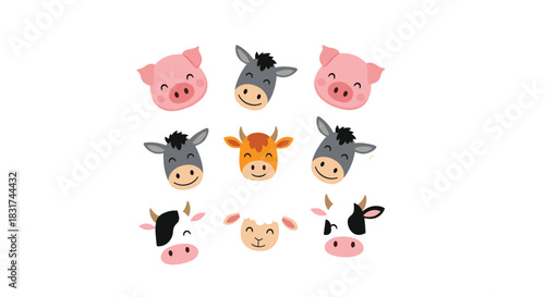 Cute collection of nine colorful cartoon farm animal faces including a pig donkey cow and sheep on a white background.