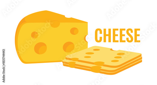 Vector illustration of a wedge of Swiss cheese and several slices with holes isolated on a clean white background.