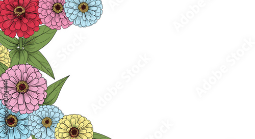 Colorful hand-drawn zinnia flower border on the left side with green leaves for a beautiful floral frame or background.