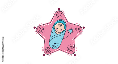 Sweet newborn baby wrapped in a blue blanket sleeping inside a decorative pink star frame for a baby shower invitation.