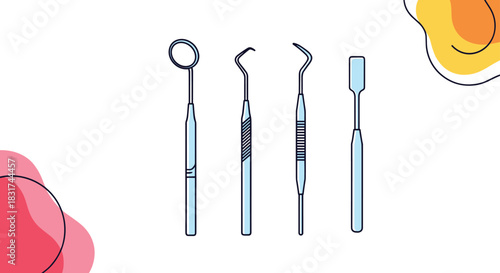 Set of four essential dental instruments including a mirror probe and scaler on a white background with abstract shapes.