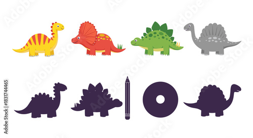 Educational matching game for children with colorful cartoon dinosaurs and their corresponding shadows to trace and learn.