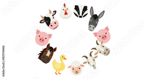 Circular frame made of adorable cartoon farm animal faces including a cow pig horse sheep goat duck and chicken.