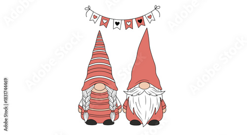 Adorable Valentine's Day illustration of a cute gnome couple standing together under a festive bunting of hearts.