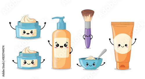 Set of cute kawaii skincare products with happy faces including cream lotion and a makeup brush for a fun beauty routine.