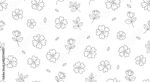 Simple seamless pattern of hand-drawn black and white flowers and leaves with a subtle texture on a clean background.