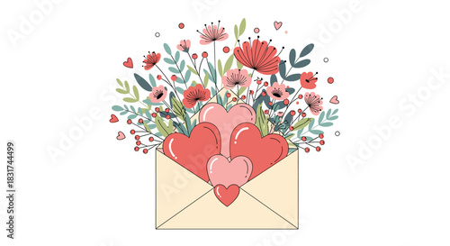Open envelope filled with a beautiful bouquet of flowers and hearts symbolizing love for Valentine's Day or a wedding.