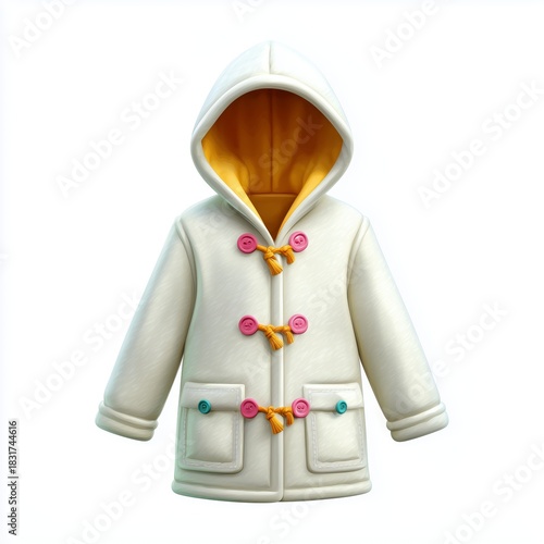 Children's white raincoat urban playground fashion item bright environment close-up view playful concept
