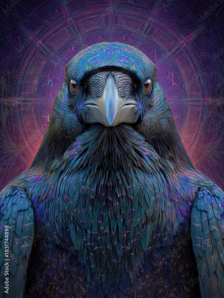 Obraz premium A striking, high-detail portrait of a raven's head and chest, showcasing glossy, iridescent blue/purple feathers. The background is a vibrant, psychedelic, and mystical purple and pink mandala pattern