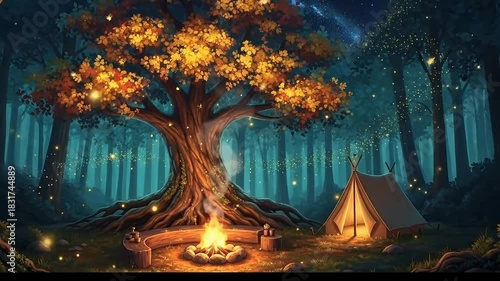 Escape into the magical forest camping adventure with crackling fire, glowing lights, and peaceful starry nights in enchanting natural beauty